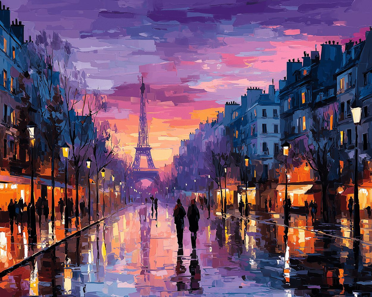 Parisian street at sunset cross stitch kit for beginners