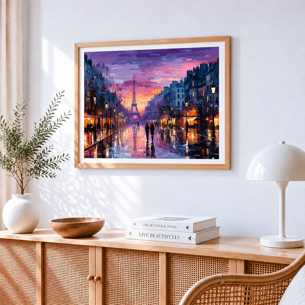 Parisian street at sunset cross stitch artwork displayed on wall as home decor