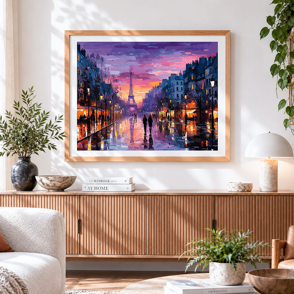 Finished parisian street at sunset paint by numbers artwork displayed as home decor