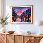 Parisian street at sunset paint by numbers artwork displayed on wall as home decor
