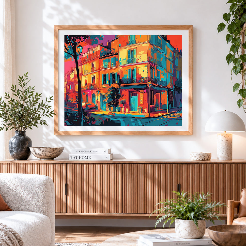 Finished parisian street corner at sunset paint by numbers artwork displayed as home decor