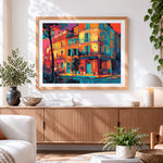 Finished parisian street corner at sunset paint by numbers artwork displayed as home decor