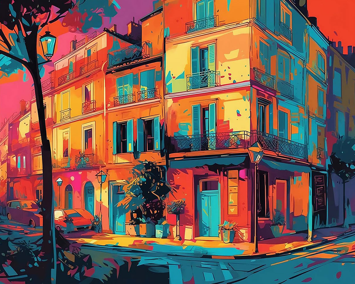 Parisian street corner at sunset paint by numbers kit for beginners
