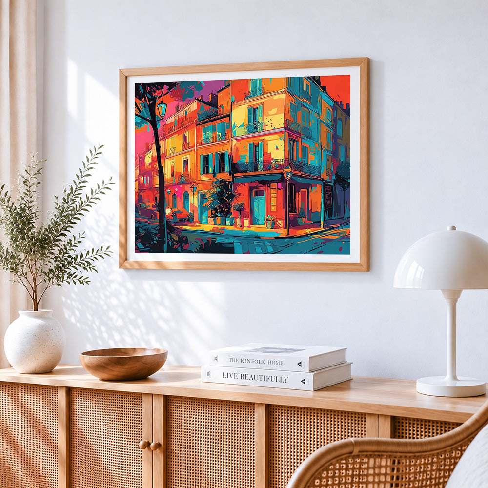 Parisian street corner at sunset paint by numbers artwork displayed on wall as home decor