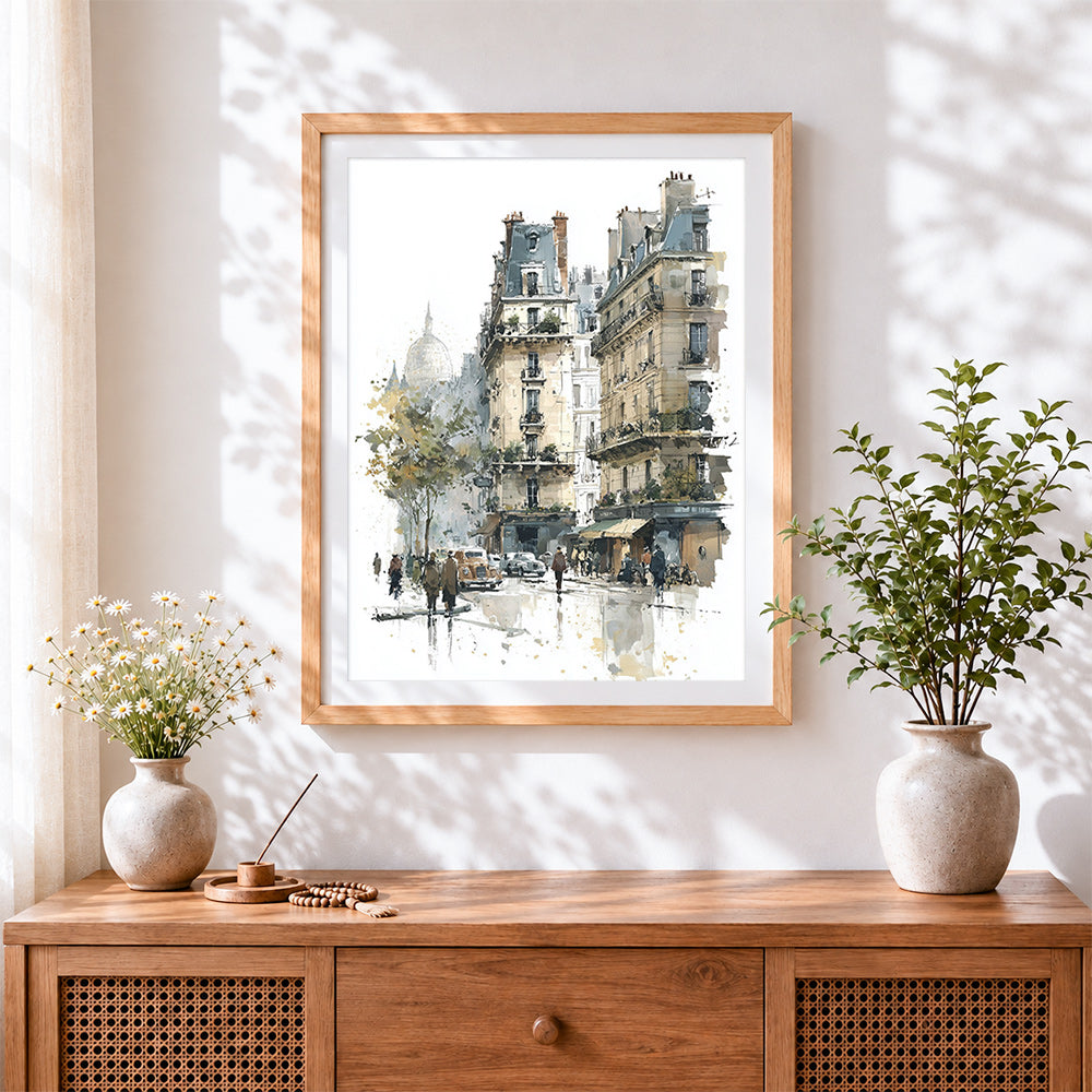 Finished parisian street scene cross stitch artwork displayed