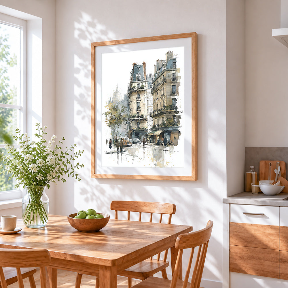 Parisian street scene cross stitch artwork displayed on wall as home decor