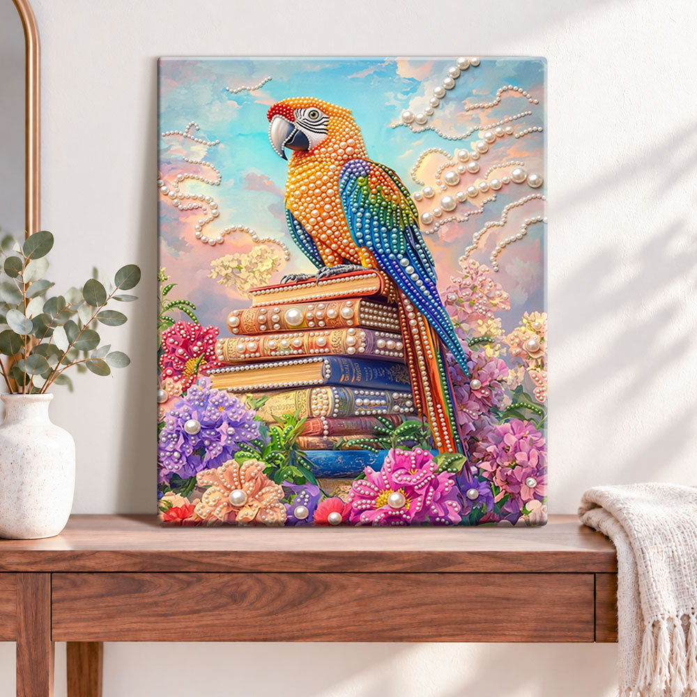 Finished parrot atop antique books pearl diamond painting artwork displayed as home decor
