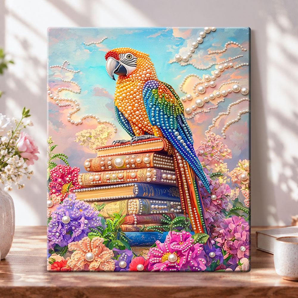 Parrot atop antique books pearl diamond painting kit for beginners