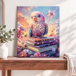 Finished parrot on vintage books pearl diamond painting artwork displayed as home decor