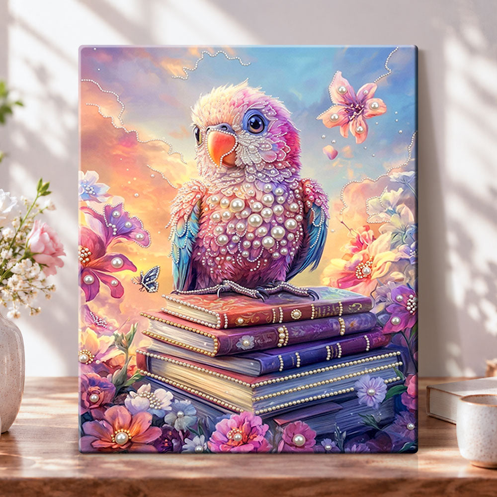 Parrot on vintage books pearl diamond painting kit for beginners