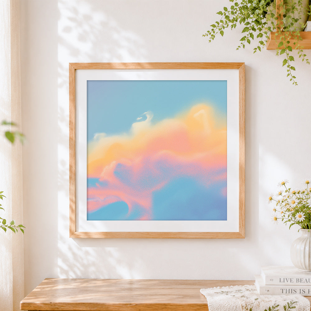 Finished pastel abstract clouds cross stitch artwork displayed
