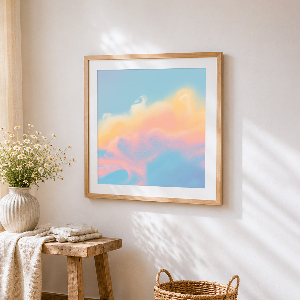 Pastel abstract clouds cross stitch artwork displayed on wall as home decor