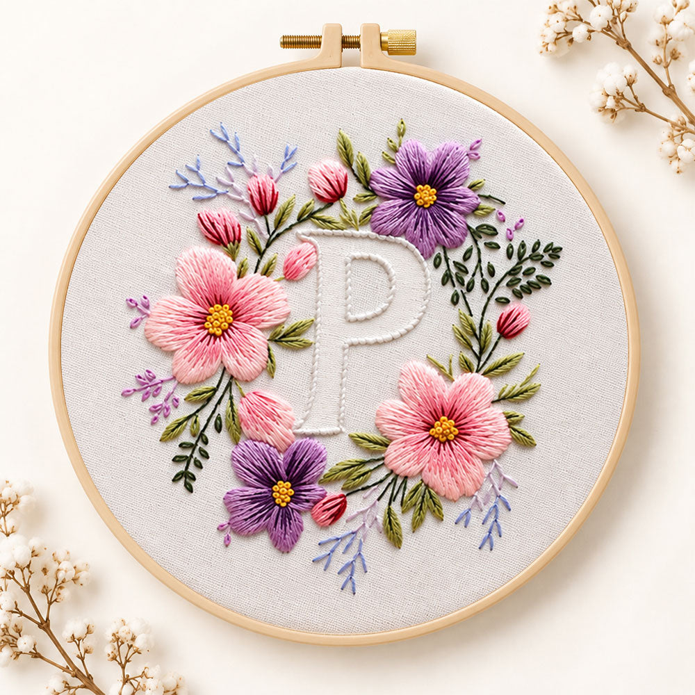 Pastel blossoms and letter p embroidery kit