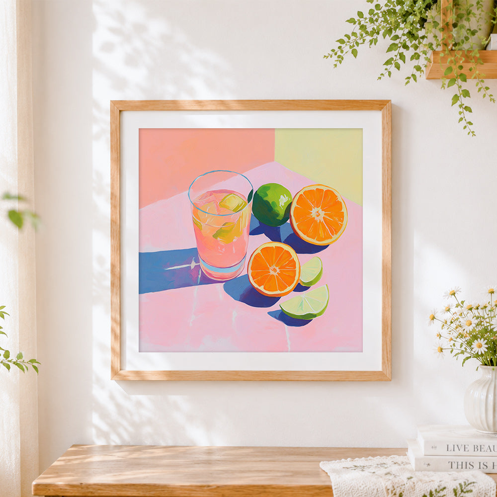 Finished pastel citrus still life cross stitch artwork displayed