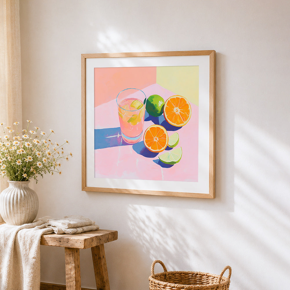 Pastel citrus still life cross stitch artwork displayed on wall as home decor