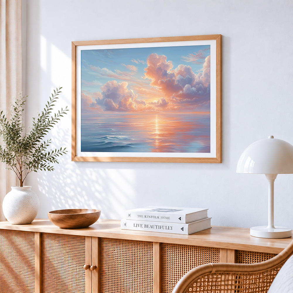 Pastel clouds and calm sea cross stitch artwork displayed on wall as home decor