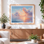 Finished pastel clouds and calm sea paint by numbers artwork displayed as home decor
