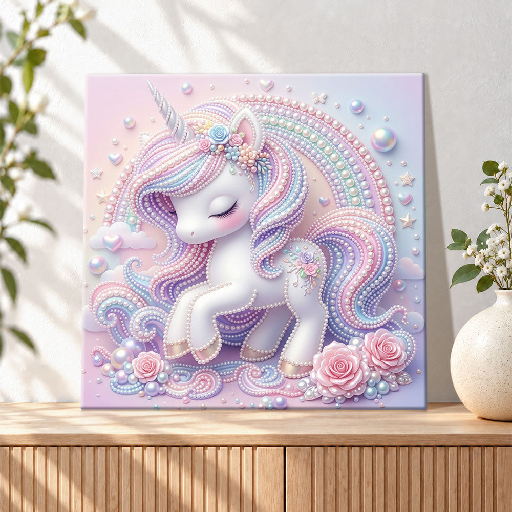 Finished pastel dreamy unicorn pearl diamond painting artwork displayed as holiday home decor