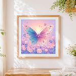 Finished pastel fantasy butterfly and flowers cross stitch artwork displayed