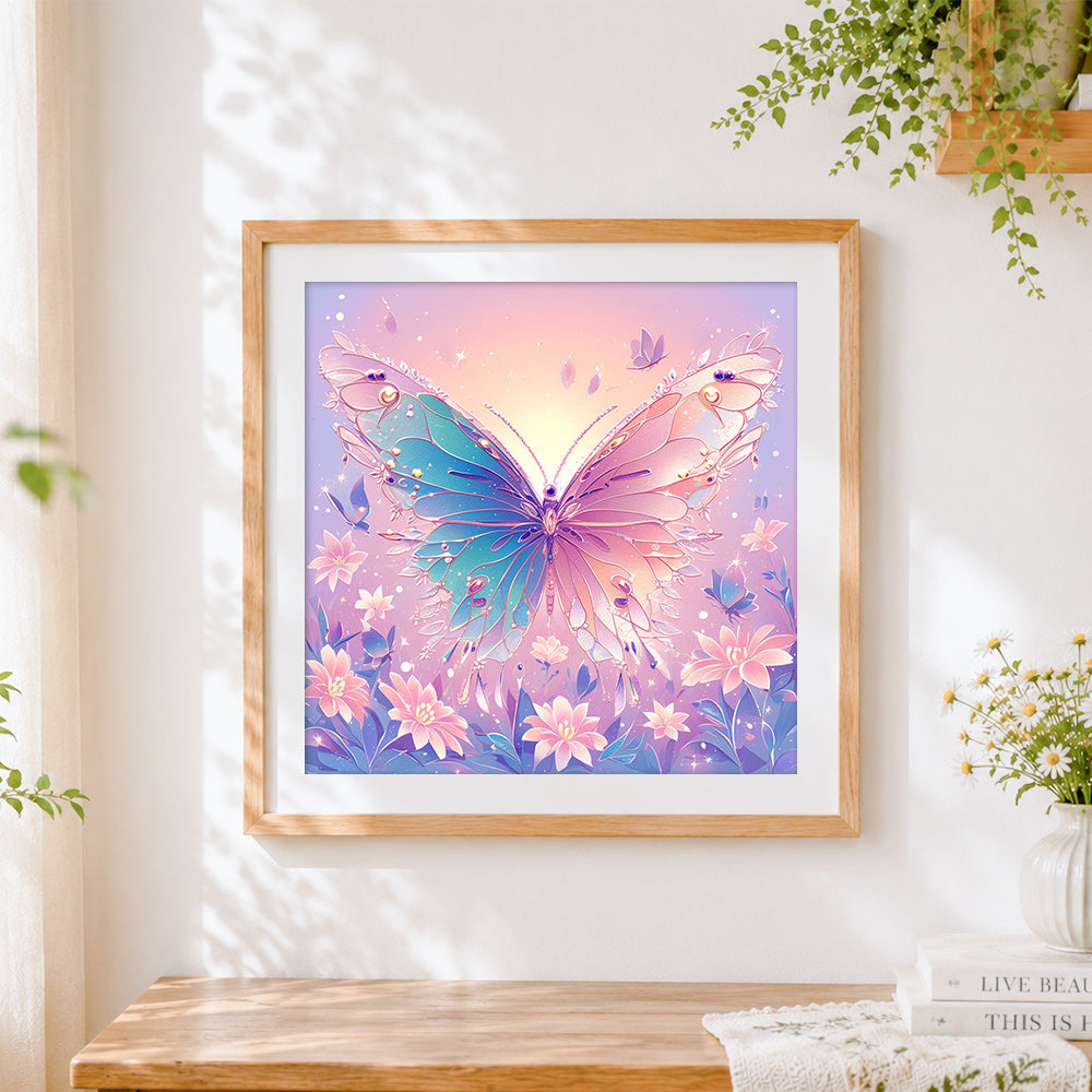 Finished pastel fantasy butterfly and flowers cross stitch artwork displayed