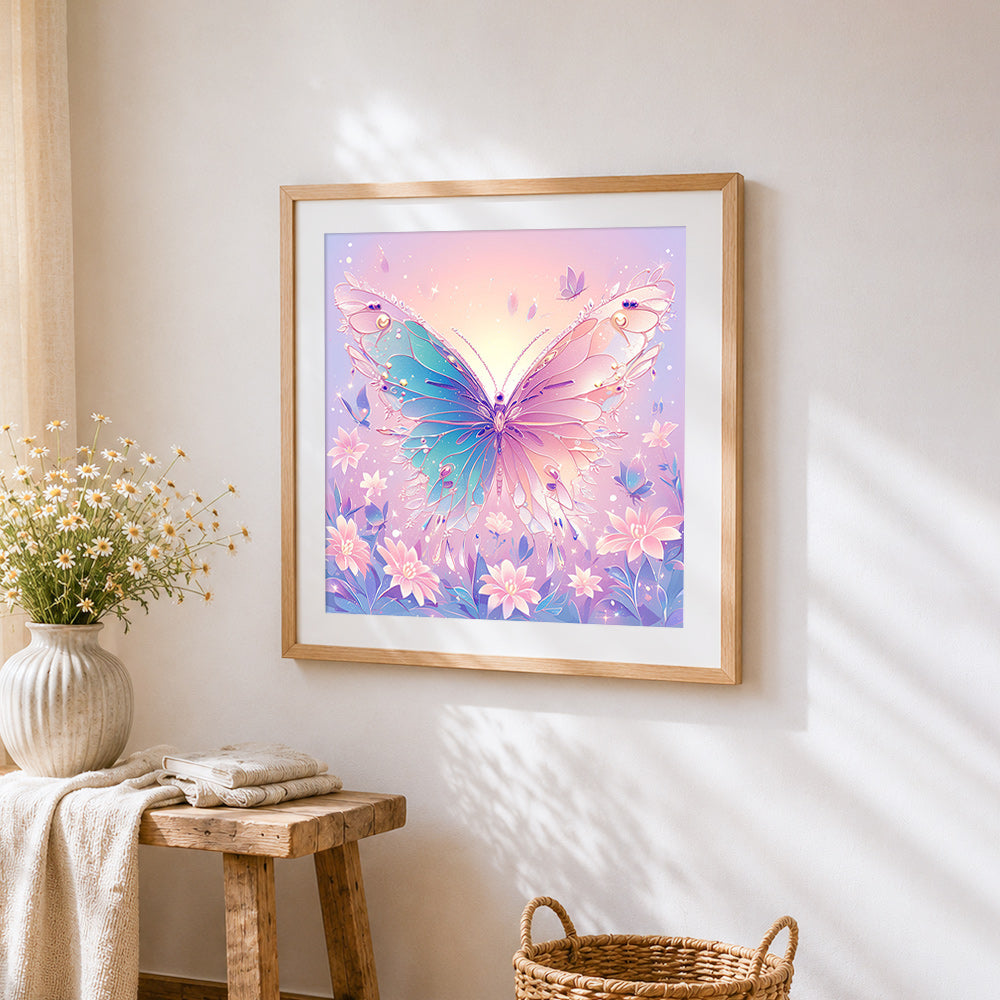 Pastel fantasy butterfly and flowers cross stitch artwork displayed on wall as home decor