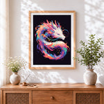Finished pastel fantasy dragon cross stitch artwork displayed