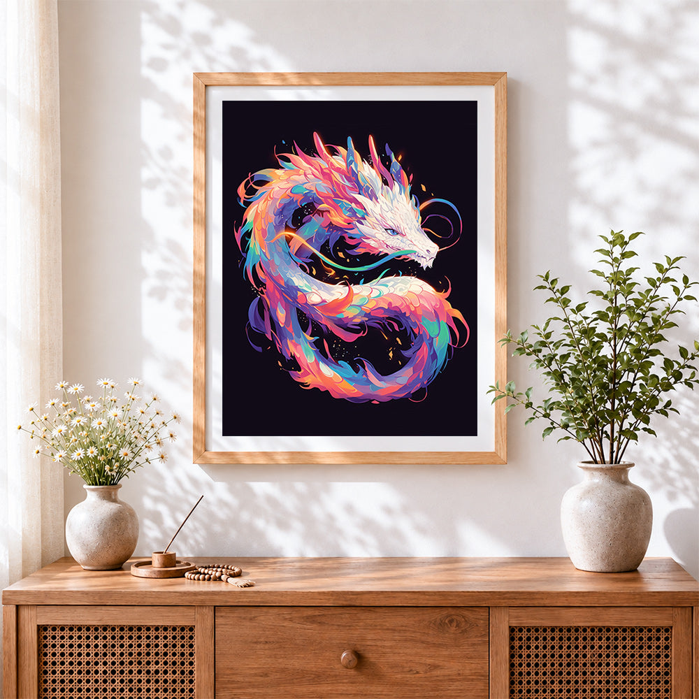Finished pastel fantasy dragon cross stitch artwork displayed