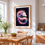 Pastel fantasy dragon cross stitch artwork displayed on wall as home decor