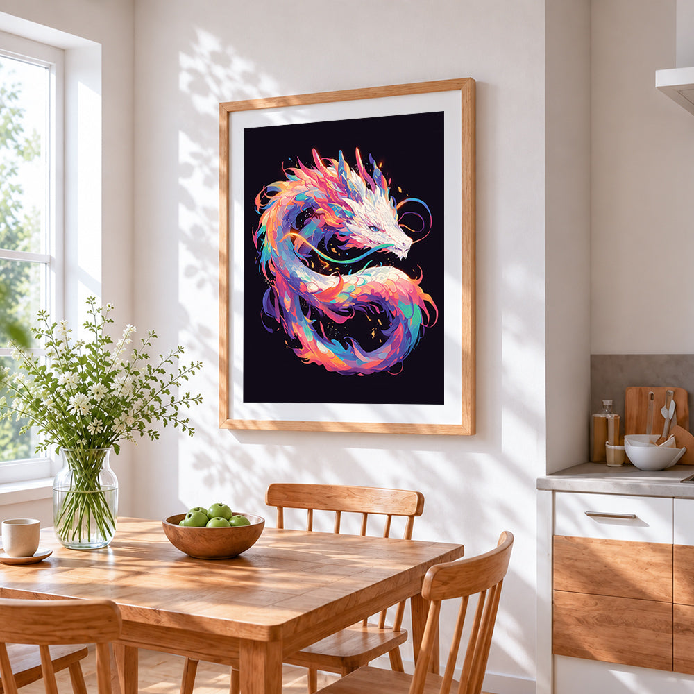 Pastel fantasy dragon cross stitch artwork displayed on wall as home decor