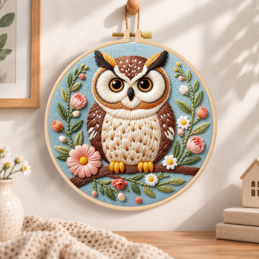 Pastel floral owl embroidery hoop wall art displayed as warm and cosy handmade home decor