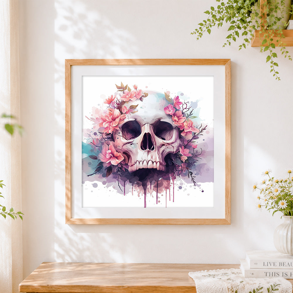 Finished pastel floral watercolour skull cross stitch artwork displayed