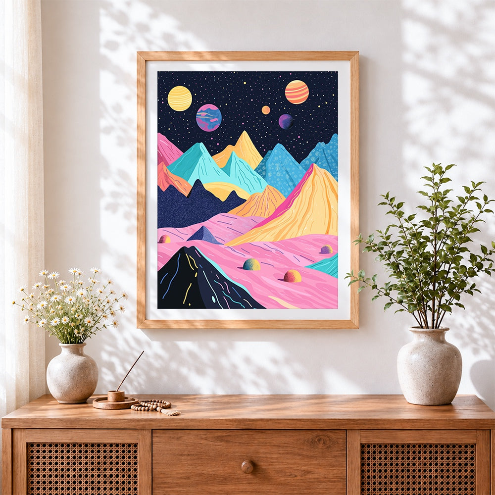 Finished pastel geometric mountains and planets cross stitch artwork displayed