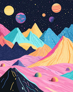 Pastel geometric mountains and planets cross stitch kit for beginners