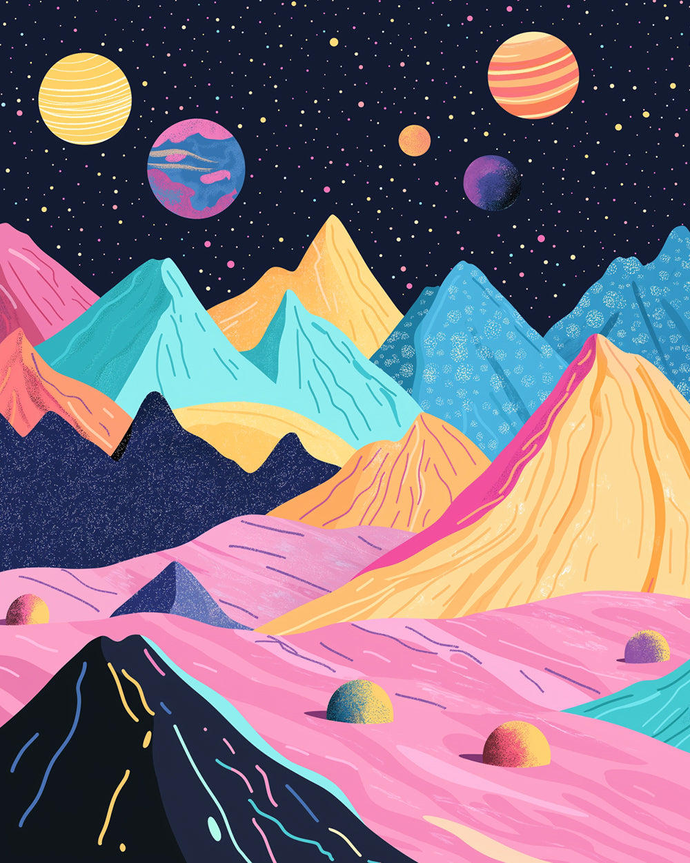 Pastel geometric mountains and planets cross stitch kit for beginners