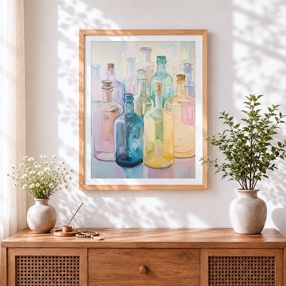 Finished pastel glass bottles cross stitch artwork displayed
