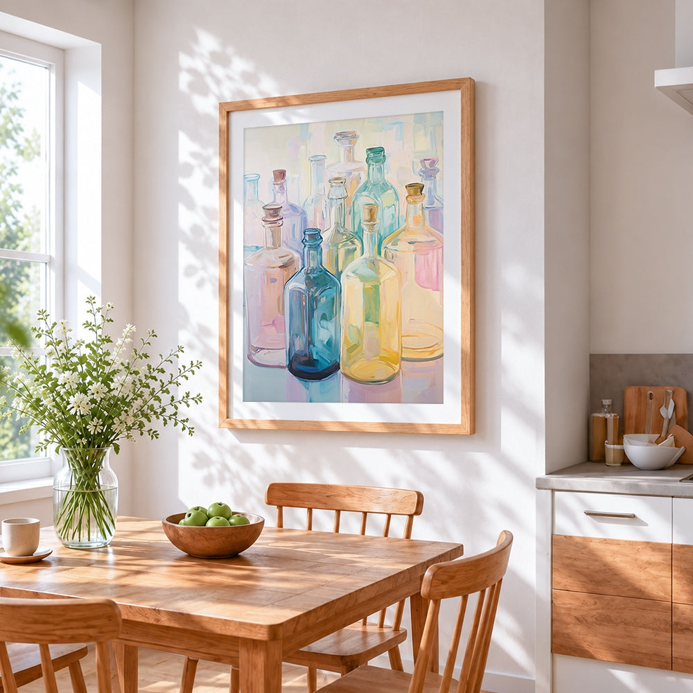 Pastel glass bottles cross stitch artwork displayed on wall as home decor