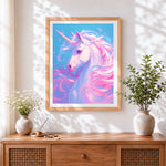 Finished pastel glowing unicorn portrait paint by numbers artwork displayed as home decor