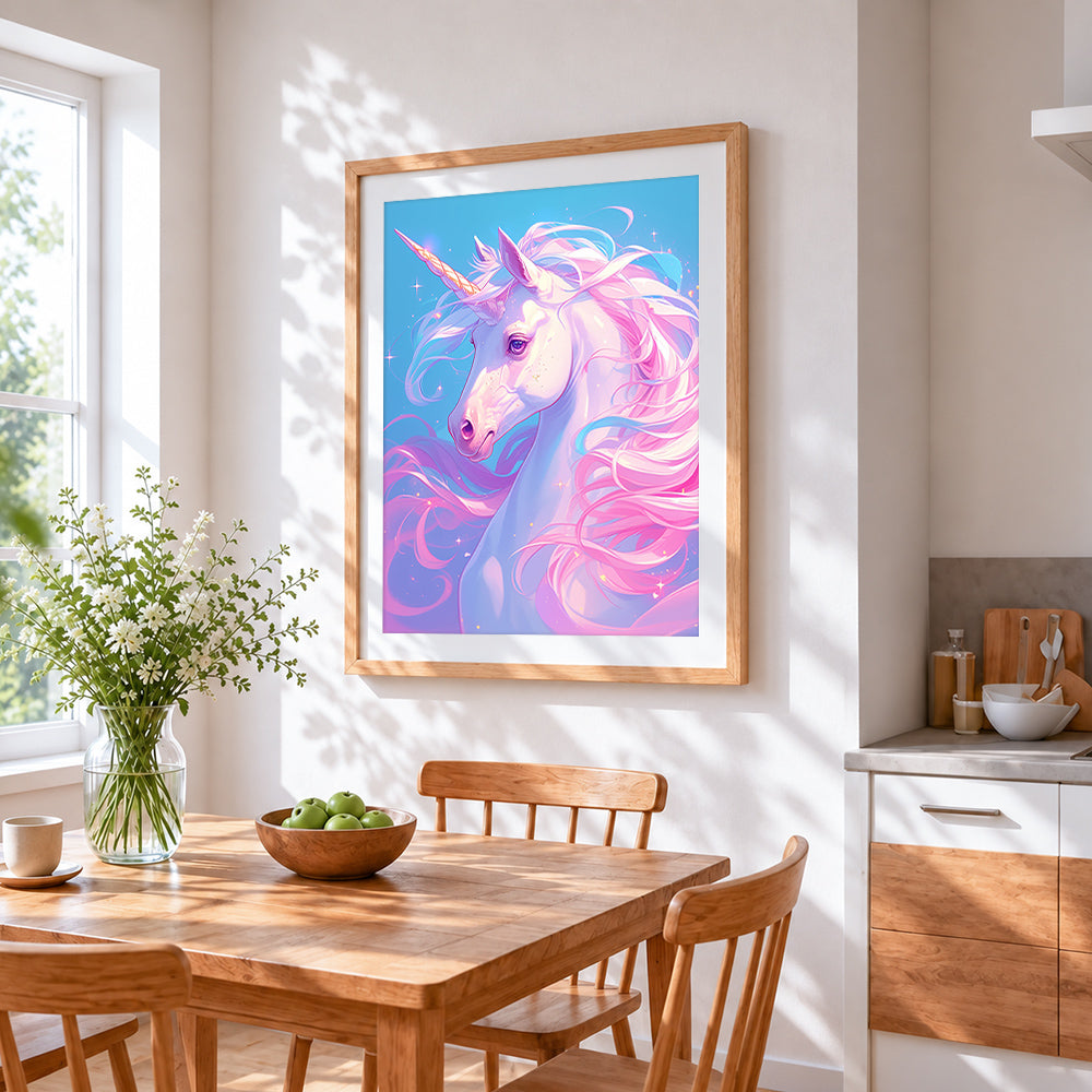 Pastel glowing unicorn portrait paint by numbers artwork displayed on wall as home decor