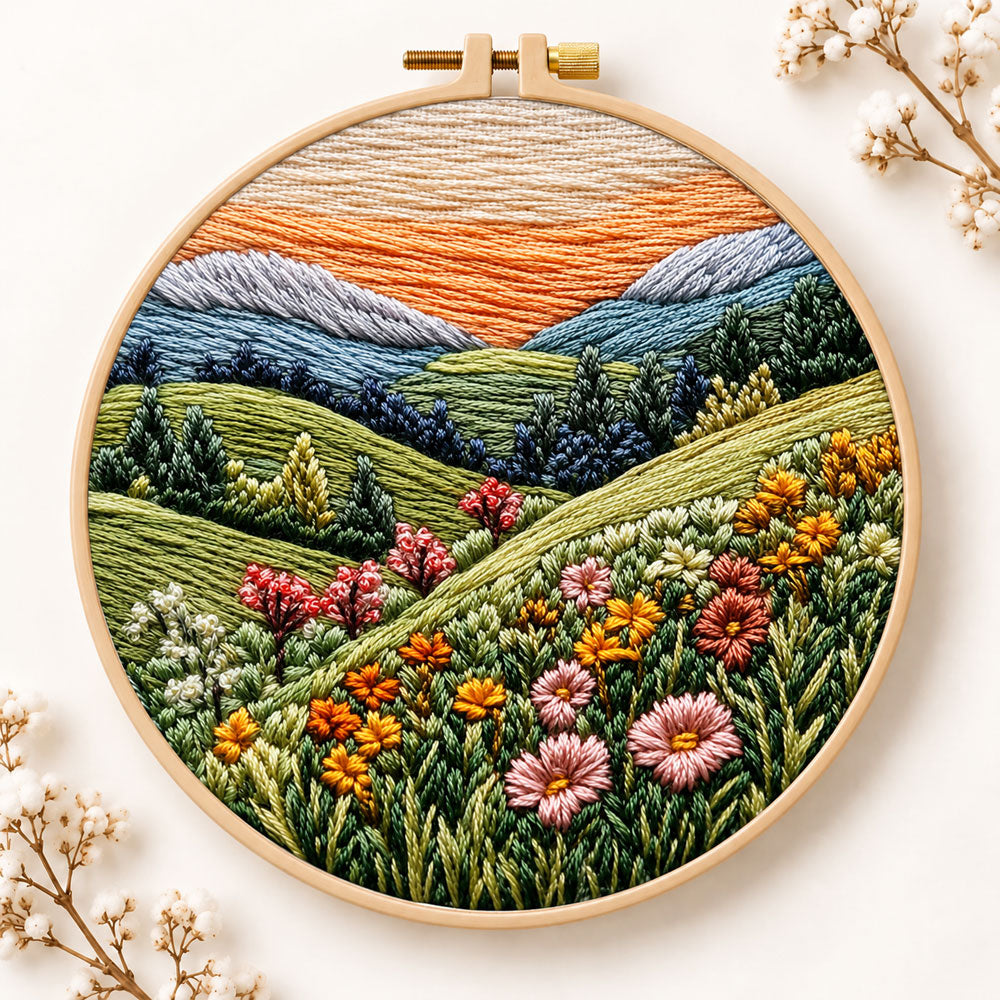 Pastel mountain flower hills embroidery kit