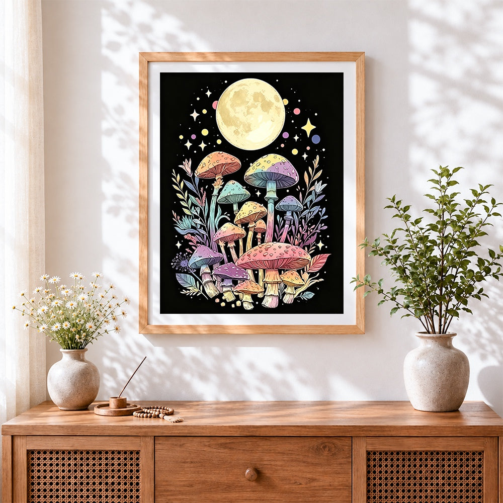 Finished pastel mushrooms under the moon cross stitch artwork displayed