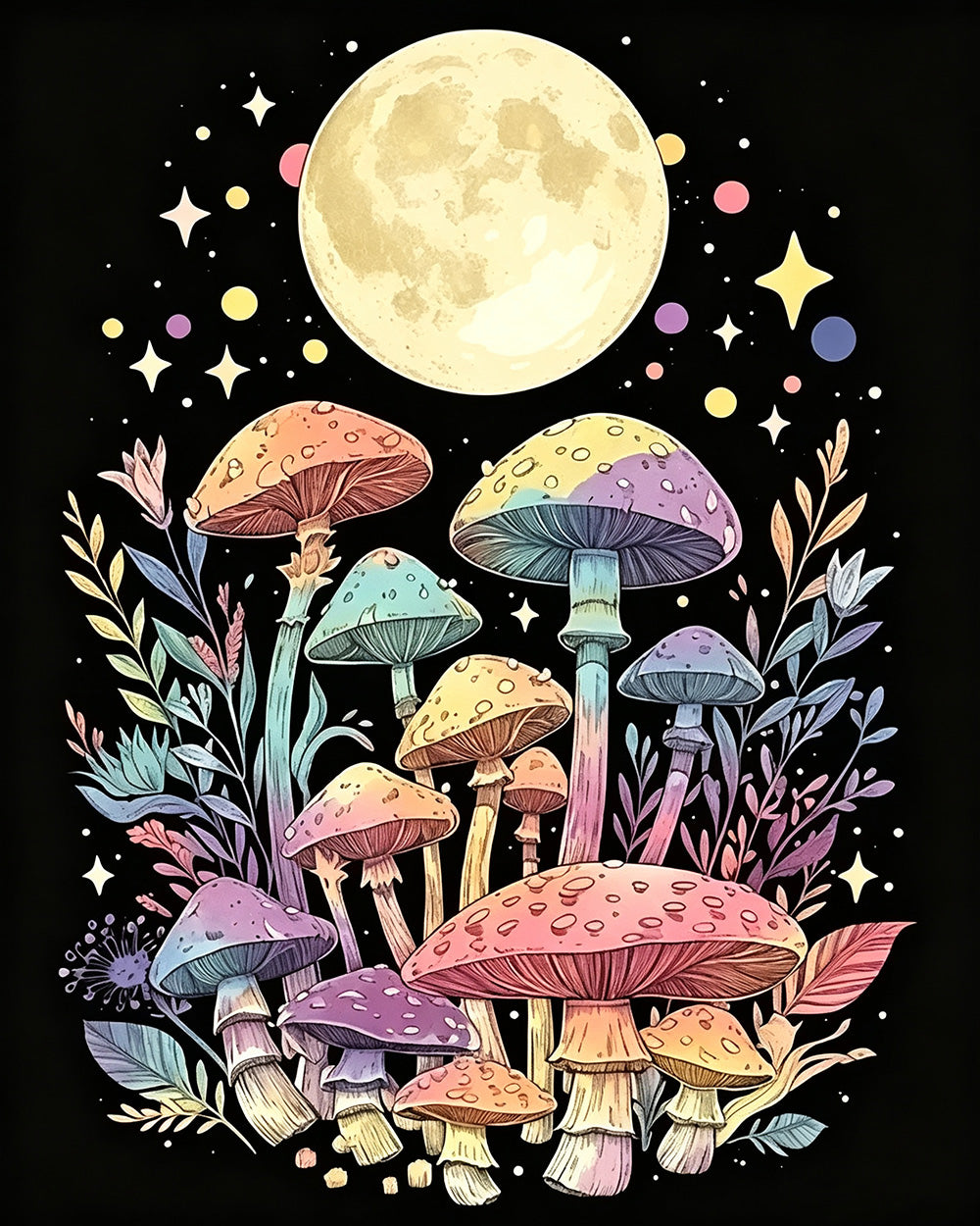Pastel mushrooms under the moon cross stitch kit for beginners