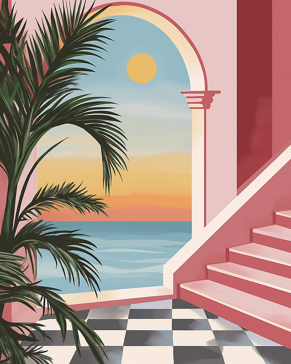 Pastel pink archway and palm cross stitch kit for beginners