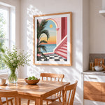 Pastel pink archway and palm cross stitch artwork displayed on wall as home decor