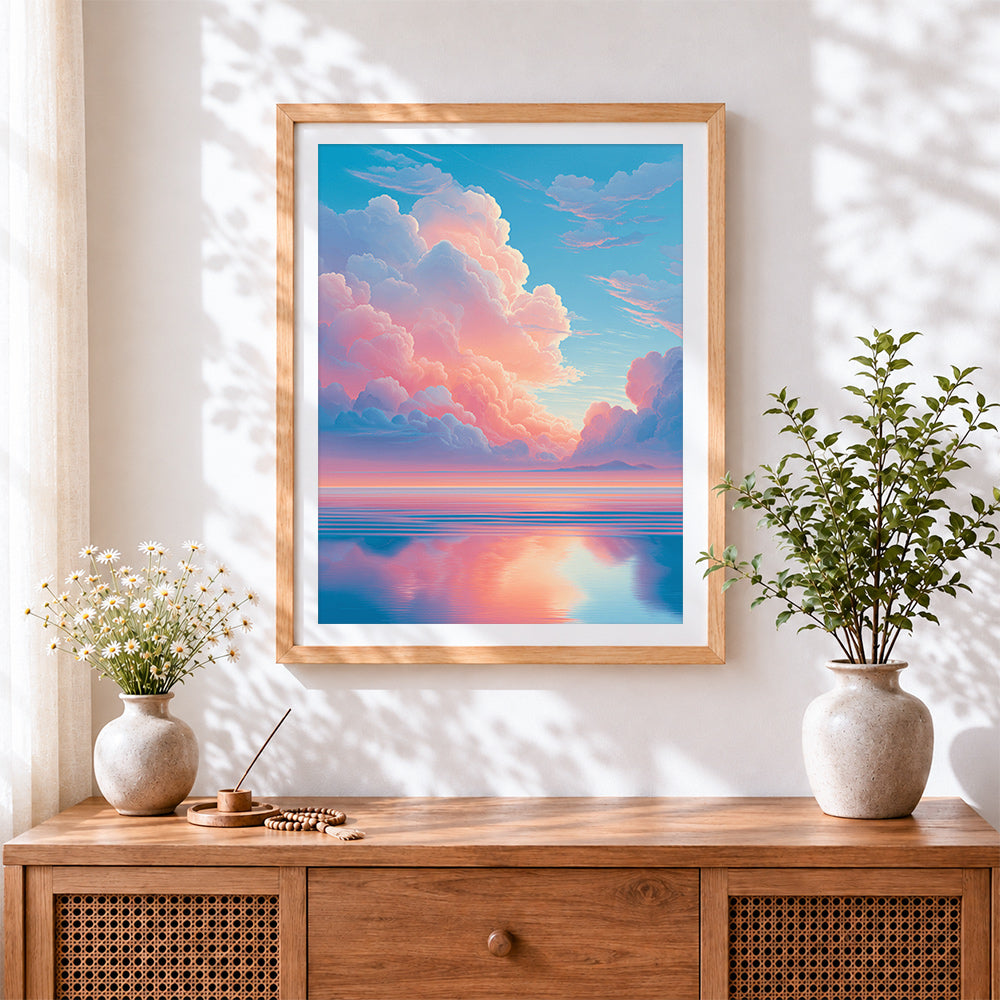 Finished pastel pink clouds and ocean reflection cross stitch artwork displayed