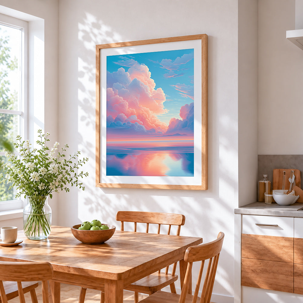 Pastel pink clouds and ocean reflection cross stitch artwork displayed on wall as home decor