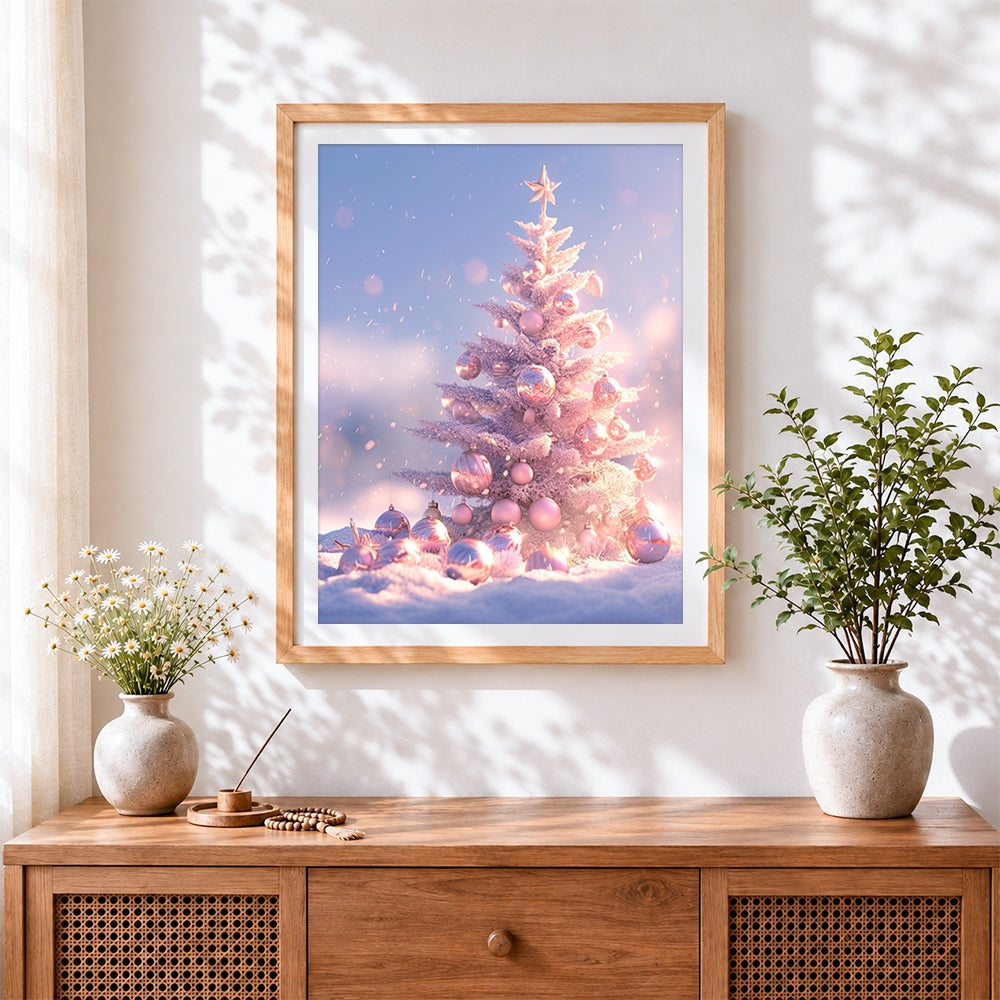 Finished pastel pink snowy christmas tree cross stitch artwork displayed