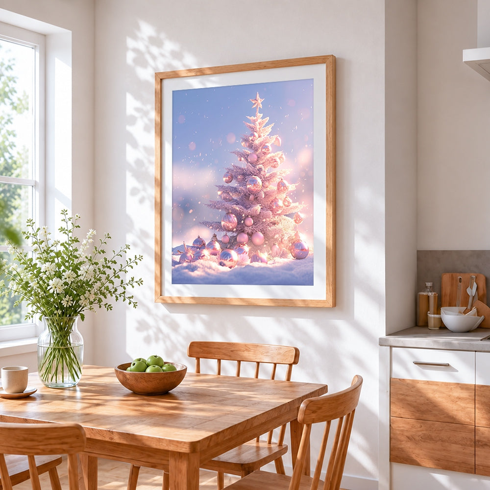 Pastel pink snowy christmas tree cross stitch artwork displayed on wall as home decor