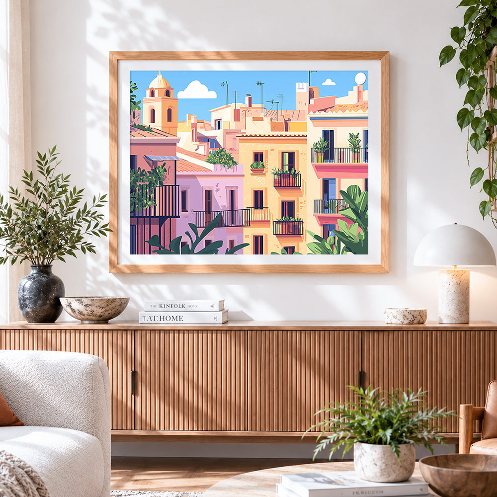 Finished pastel rooftops paint by numbers artwork displayed as home decor