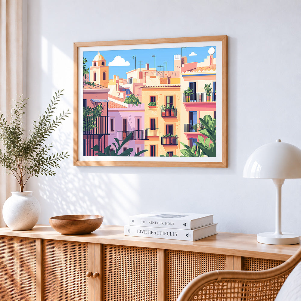 Pastel rooftops paint by numbers artwork displayed on wall as home decor