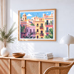 Pastel rooftops paint by numbers artwork displayed on wall as home decor